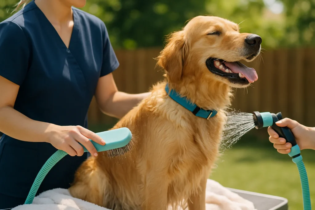 Happy dog enjoying summer with a professional groomer