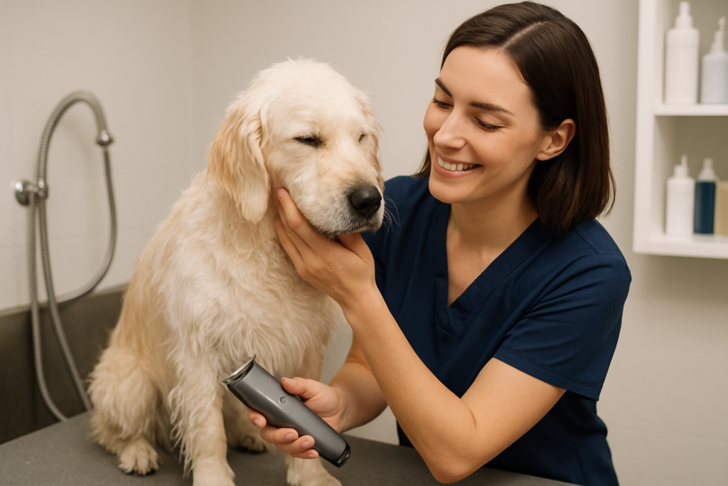 A calm dog being groomed with care
